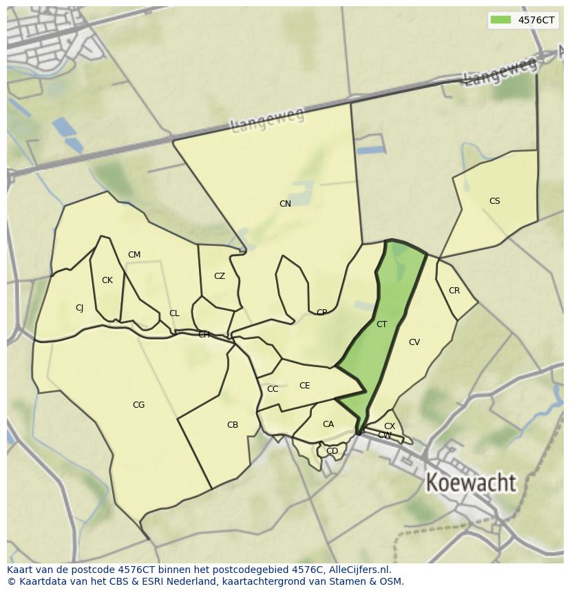 Afbeelding van het postcodegebied 4576 CT op de kaart.