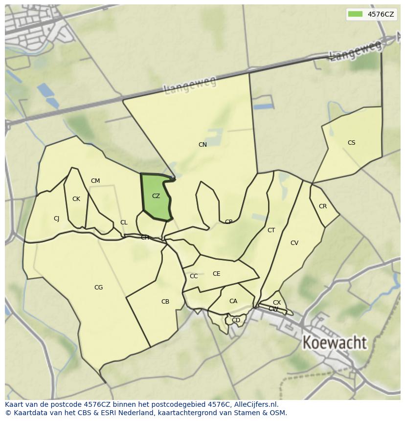 Afbeelding van het postcodegebied 4576 CZ op de kaart.