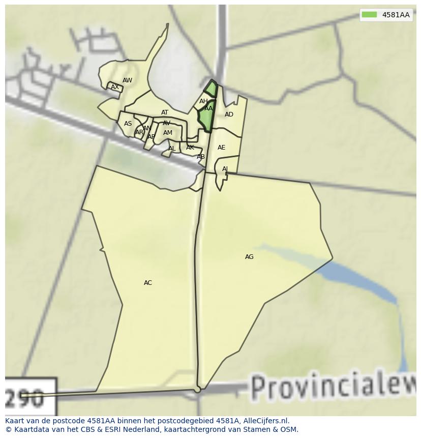 Afbeelding van het postcodegebied 4581 AA op de kaart.