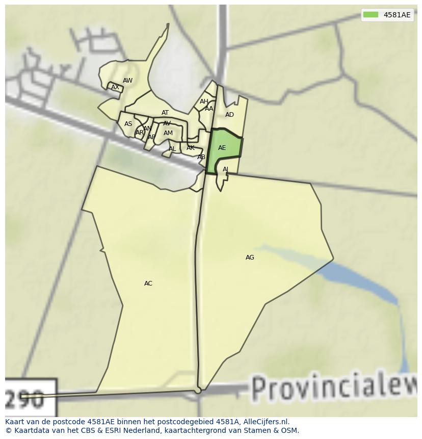 Afbeelding van het postcodegebied 4581 AE op de kaart.