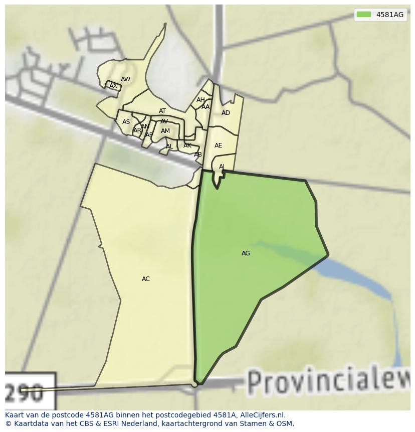 Afbeelding van het postcodegebied 4581 AG op de kaart.