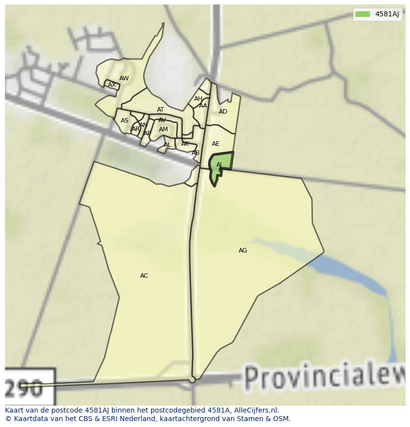 Afbeelding van het postcodegebied 4581 AJ op de kaart.