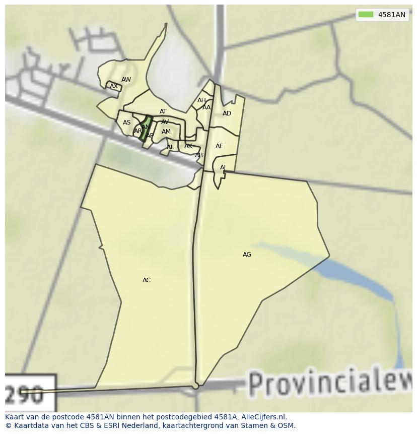 Afbeelding van het postcodegebied 4581 AN op de kaart.
