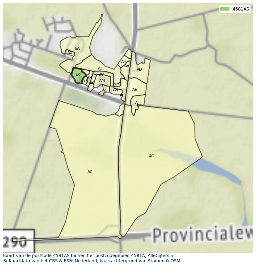Afbeelding van het postcodegebied 4581 AS op de kaart.