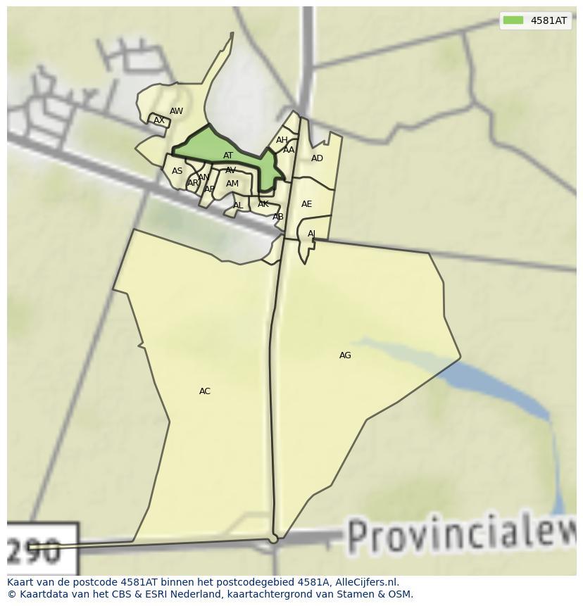 Afbeelding van het postcodegebied 4581 AT op de kaart.