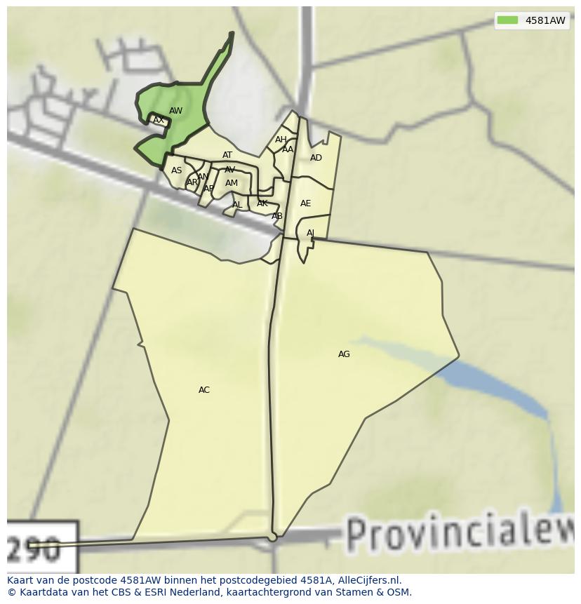 Afbeelding van het postcodegebied 4581 AW op de kaart.