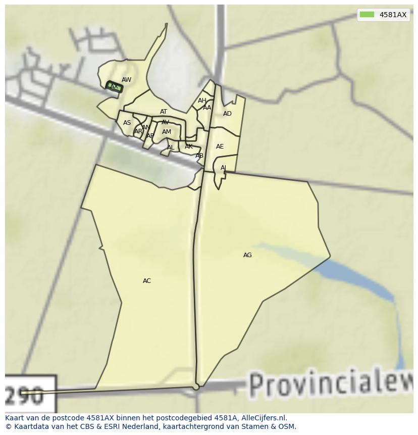 Afbeelding van het postcodegebied 4581 AX op de kaart.