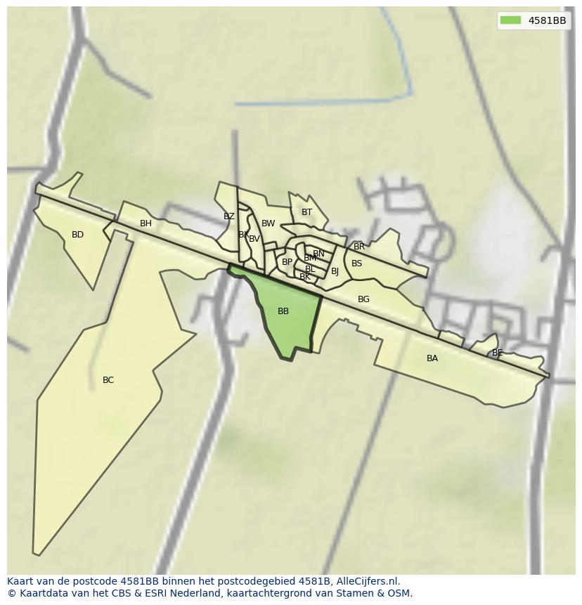 Afbeelding van het postcodegebied 4581 BB op de kaart.