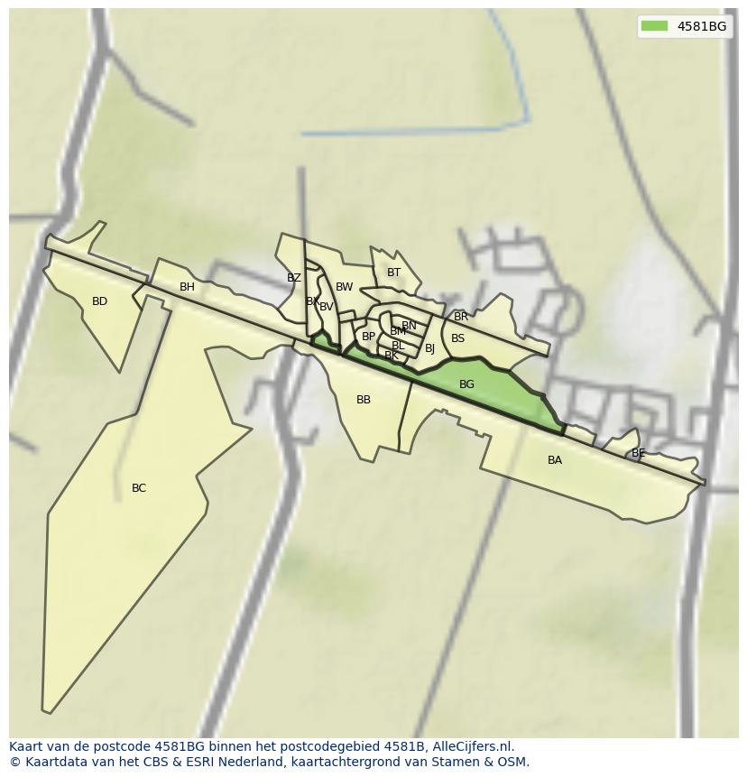 Afbeelding van het postcodegebied 4581 BG op de kaart.