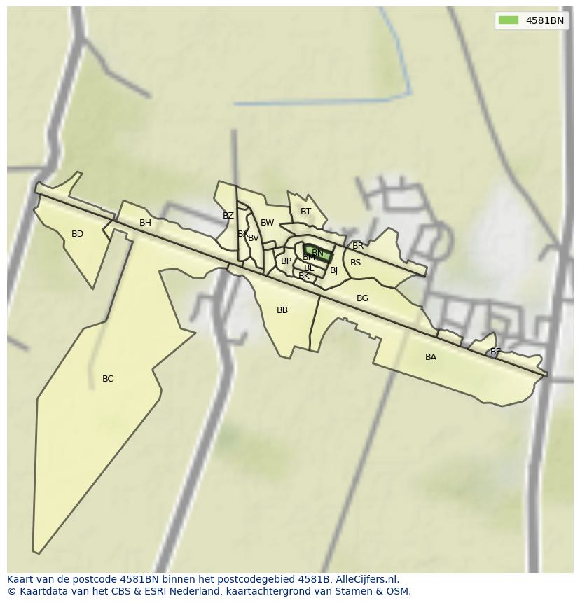 Afbeelding van het postcodegebied 4581 BN op de kaart.