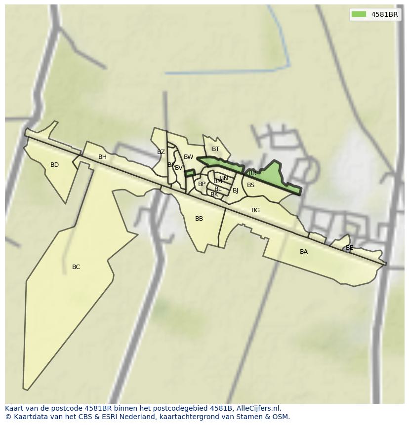 Afbeelding van het postcodegebied 4581 BR op de kaart.