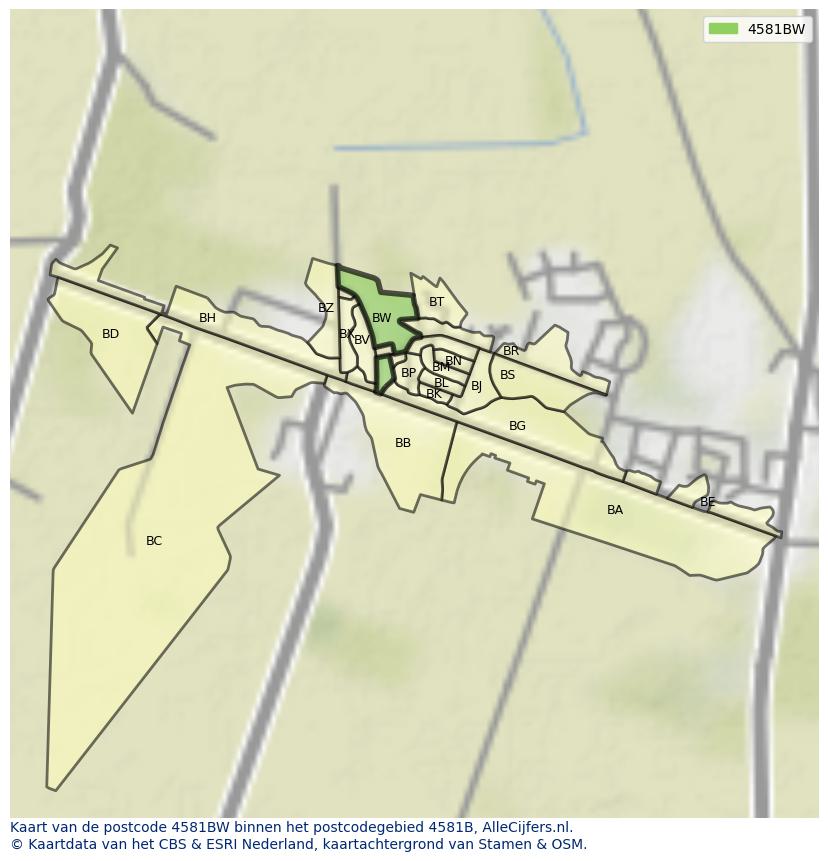 Afbeelding van het postcodegebied 4581 BW op de kaart.
