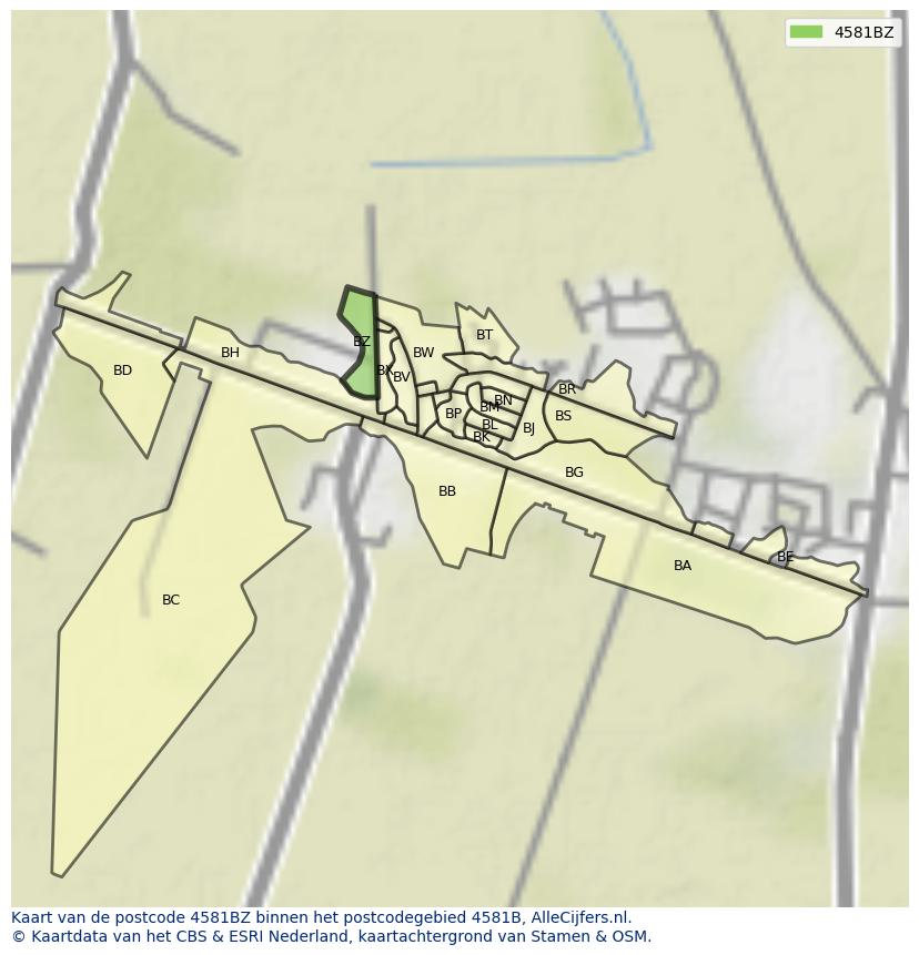 Afbeelding van het postcodegebied 4581 BZ op de kaart.
