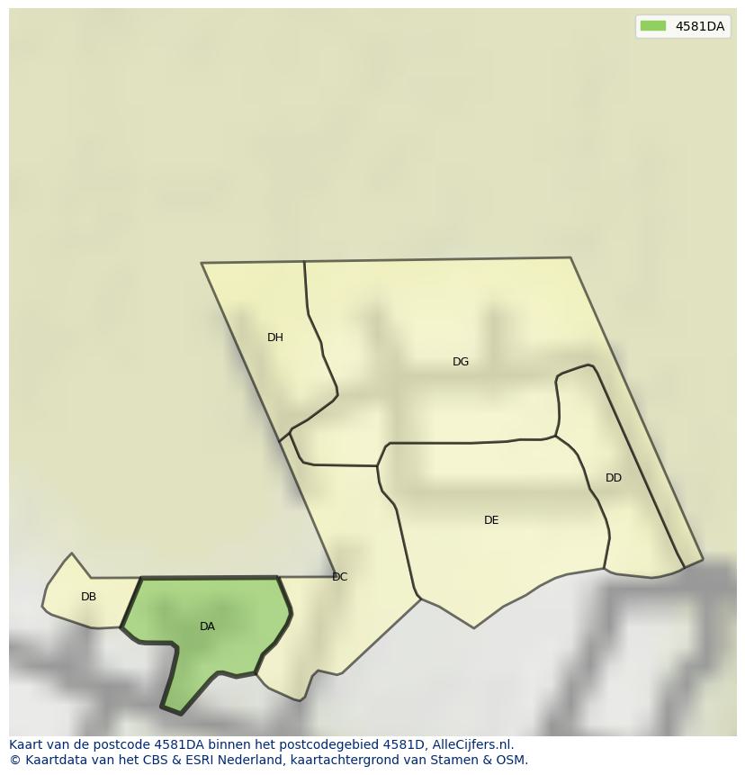 Afbeelding van het postcodegebied 4581 DA op de kaart.