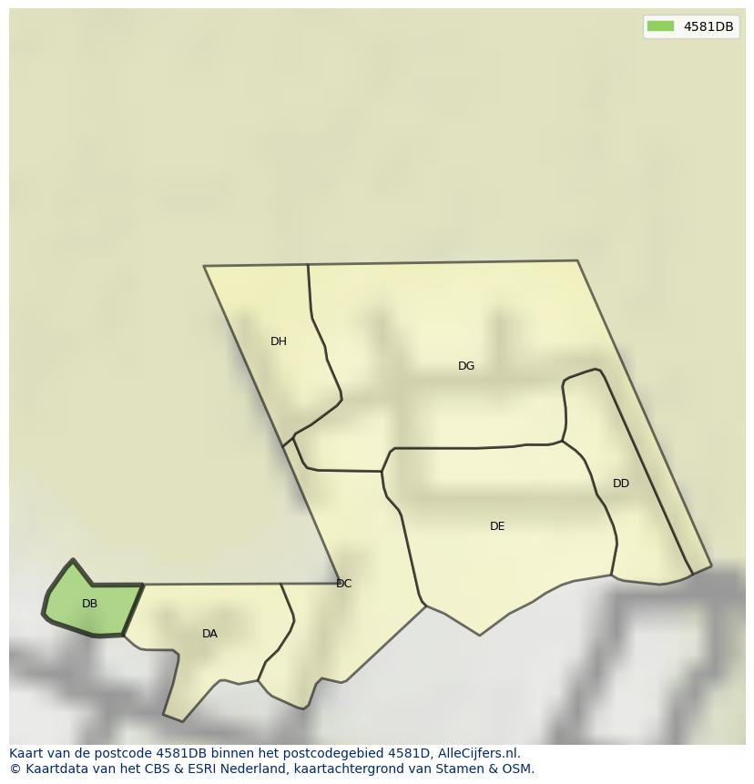 Afbeelding van het postcodegebied 4581 DB op de kaart.