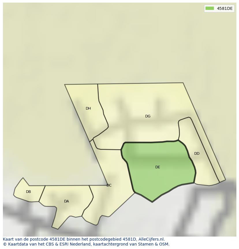 Afbeelding van het postcodegebied 4581 DE op de kaart.