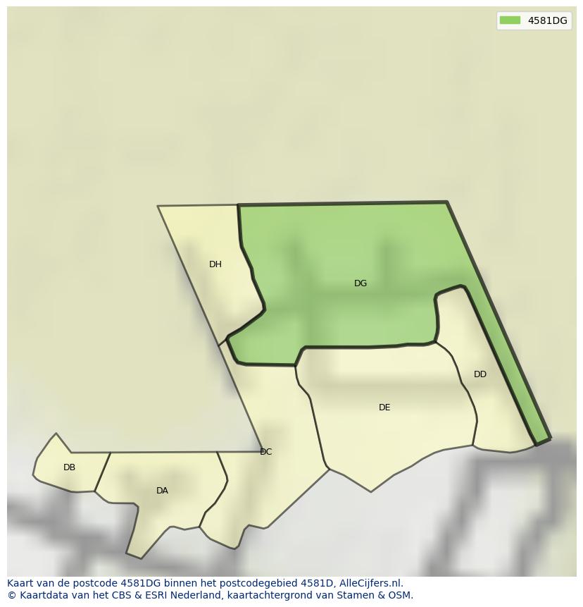 Afbeelding van het postcodegebied 4581 DG op de kaart.