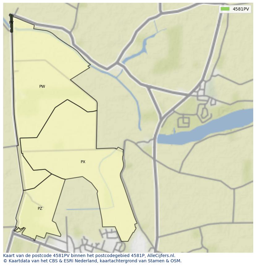 Afbeelding van het postcodegebied 4581 PV op de kaart.