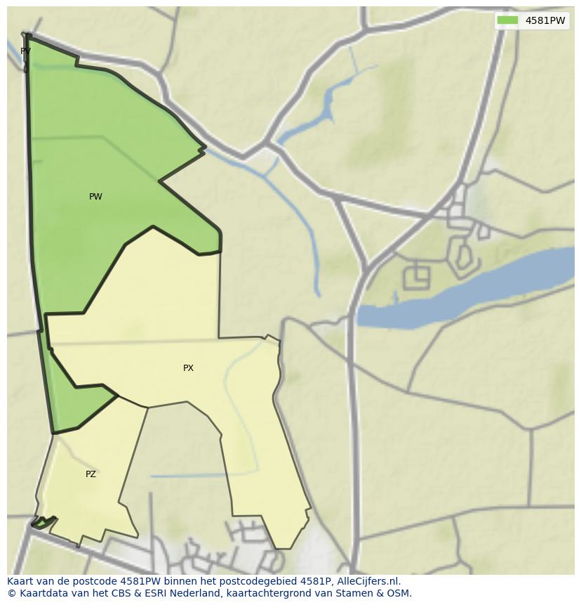 Afbeelding van het postcodegebied 4581 PW op de kaart.