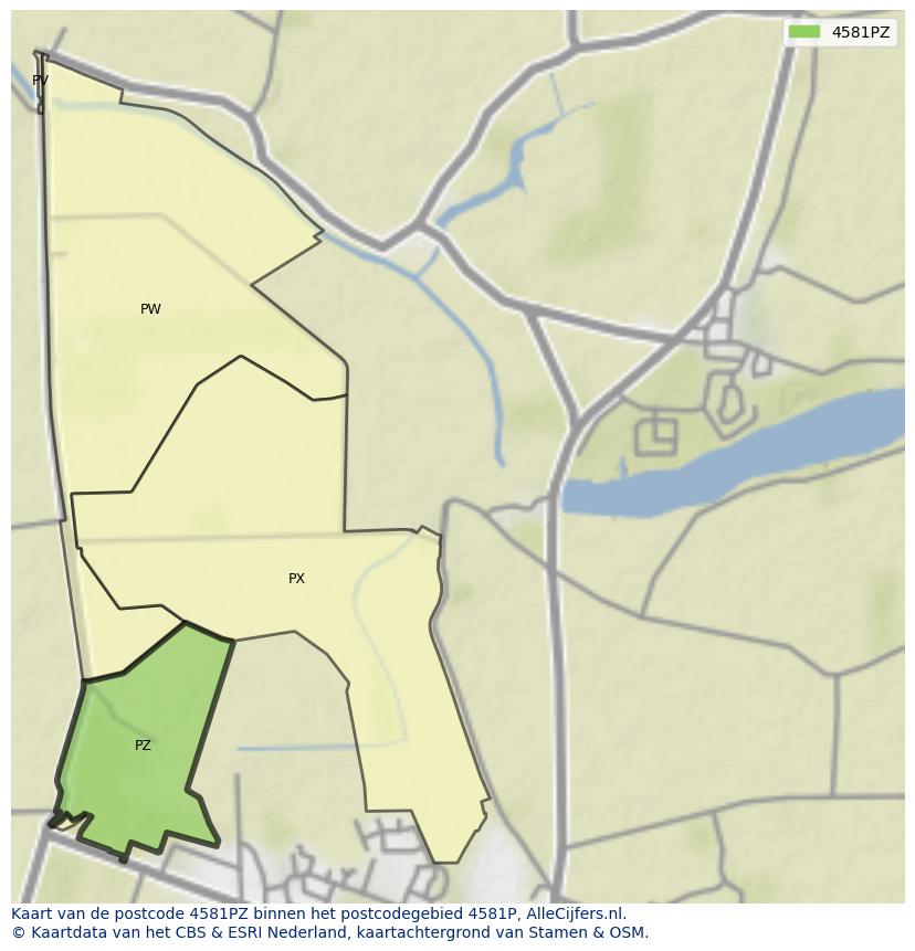 Afbeelding van het postcodegebied 4581 PZ op de kaart.