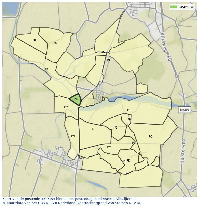 Afbeelding van het postcodegebied 4585 PW op de kaart.