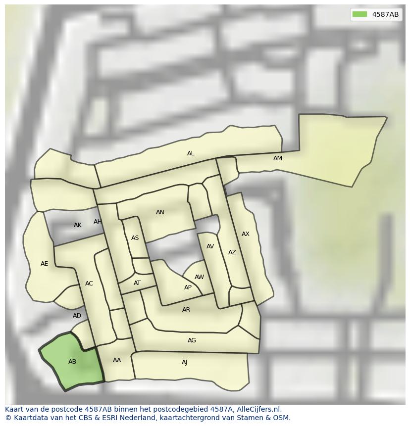 Afbeelding van het postcodegebied 4587 AB op de kaart.