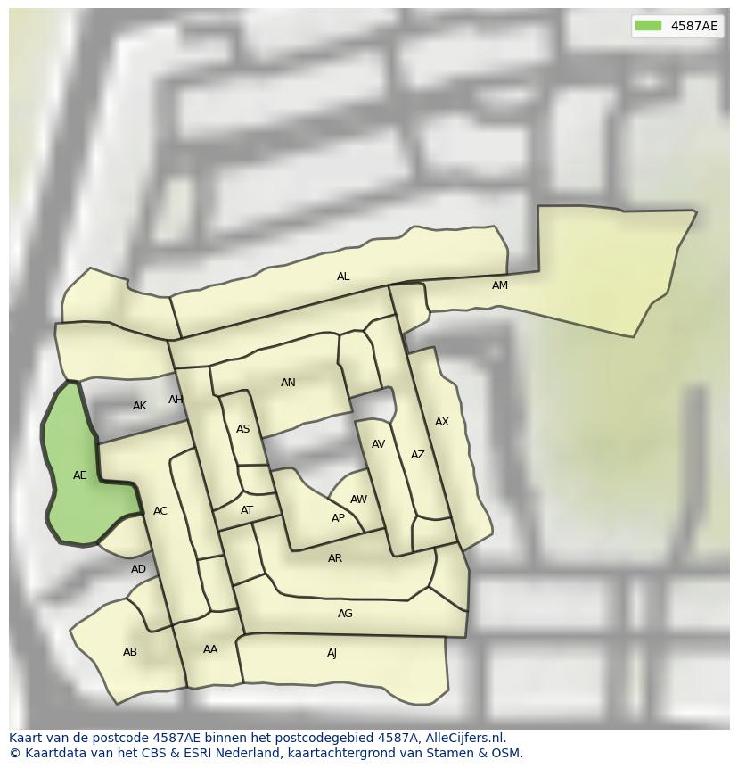 Afbeelding van het postcodegebied 4587 AE op de kaart.