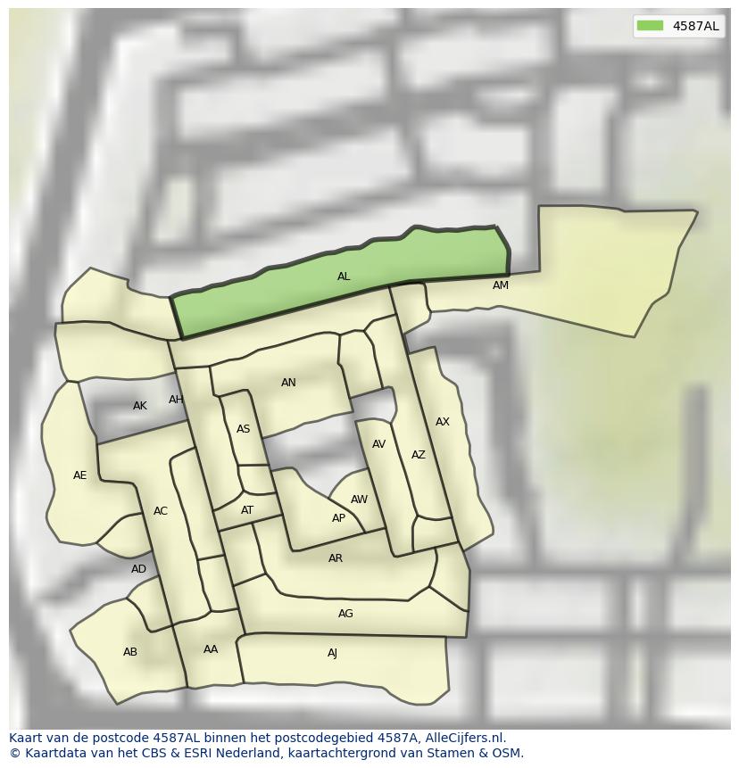 Afbeelding van het postcodegebied 4587 AL op de kaart.