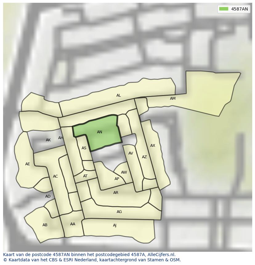 Afbeelding van het postcodegebied 4587 AN op de kaart.