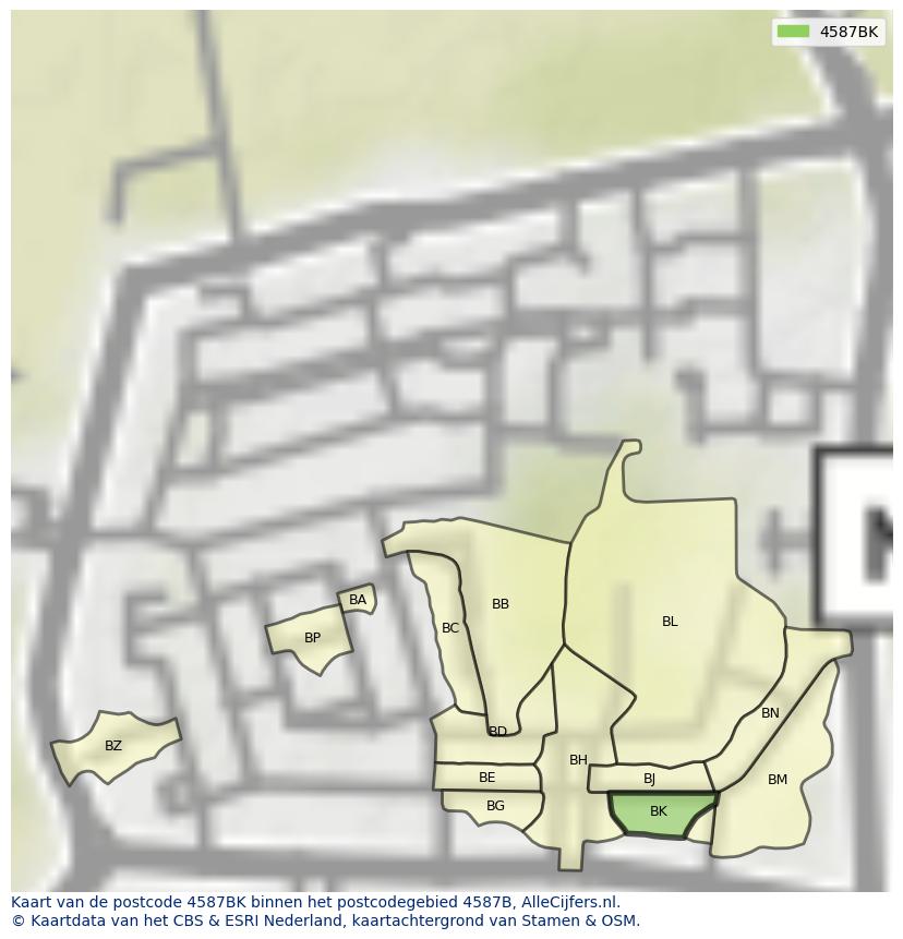 Afbeelding van het postcodegebied 4587 BK op de kaart.