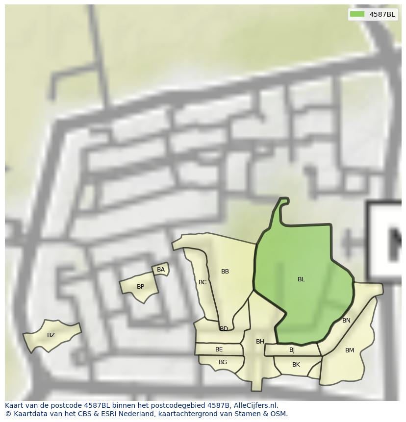 Afbeelding van het postcodegebied 4587 BL op de kaart.