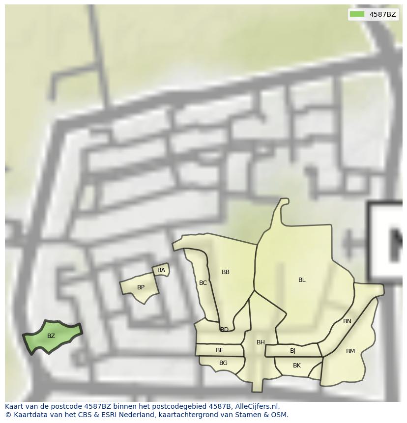 Afbeelding van het postcodegebied 4587 BZ op de kaart.