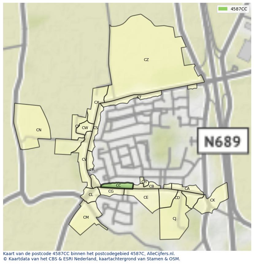 Afbeelding van het postcodegebied 4587 CC op de kaart.