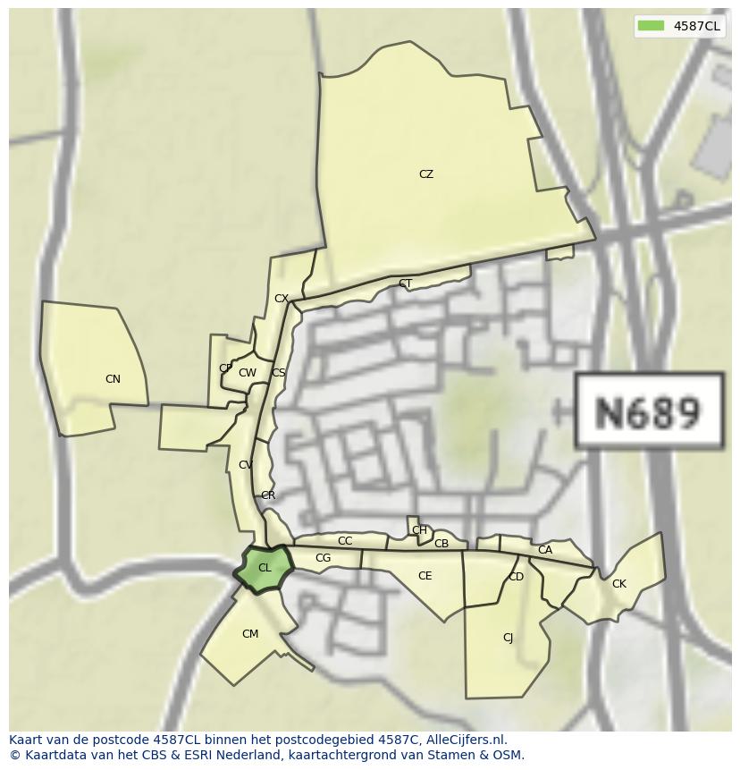 Afbeelding van het postcodegebied 4587 CL op de kaart.