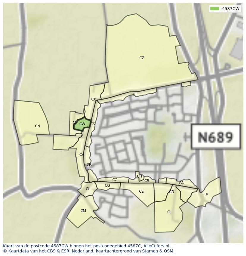 Afbeelding van het postcodegebied 4587 CW op de kaart.