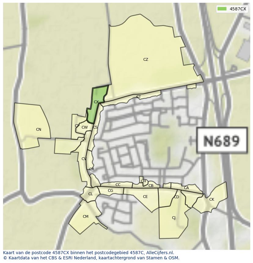 Afbeelding van het postcodegebied 4587 CX op de kaart.