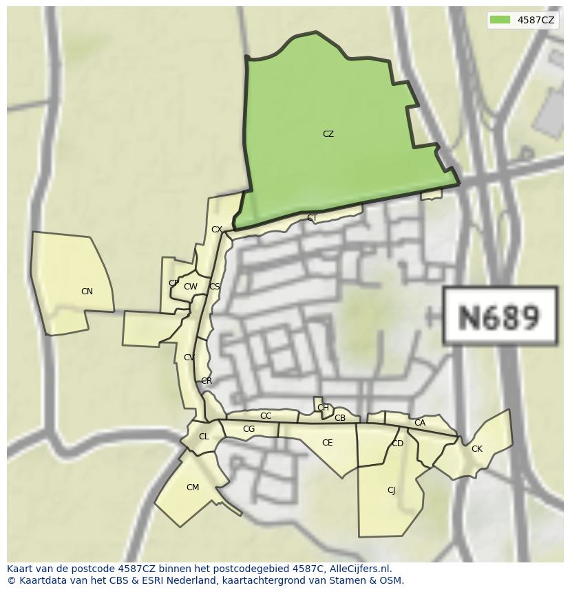 Afbeelding van het postcodegebied 4587 CZ op de kaart.