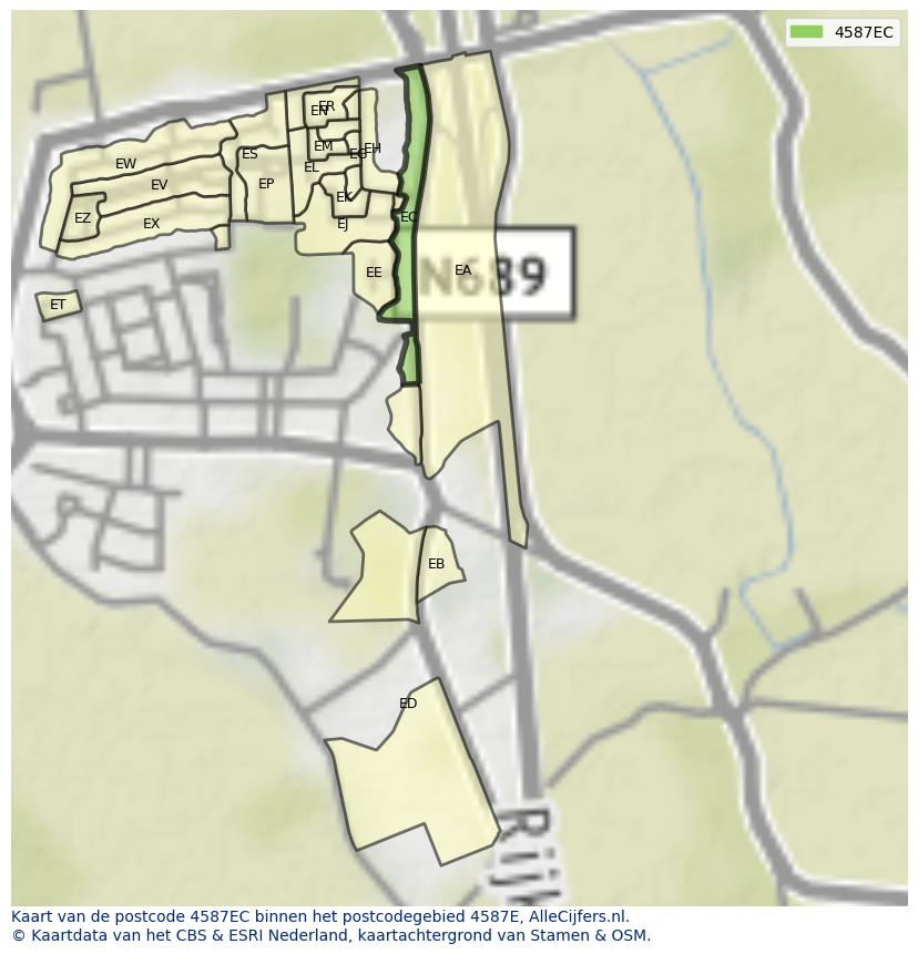 Afbeelding van het postcodegebied 4587 EC op de kaart.
