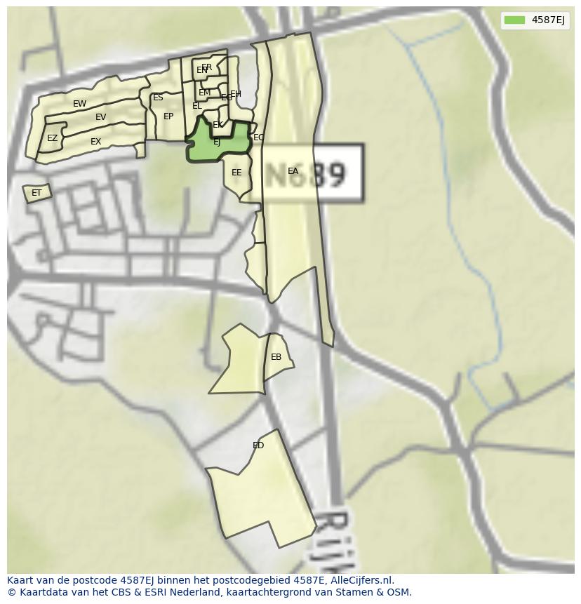 Afbeelding van het postcodegebied 4587 EJ op de kaart.