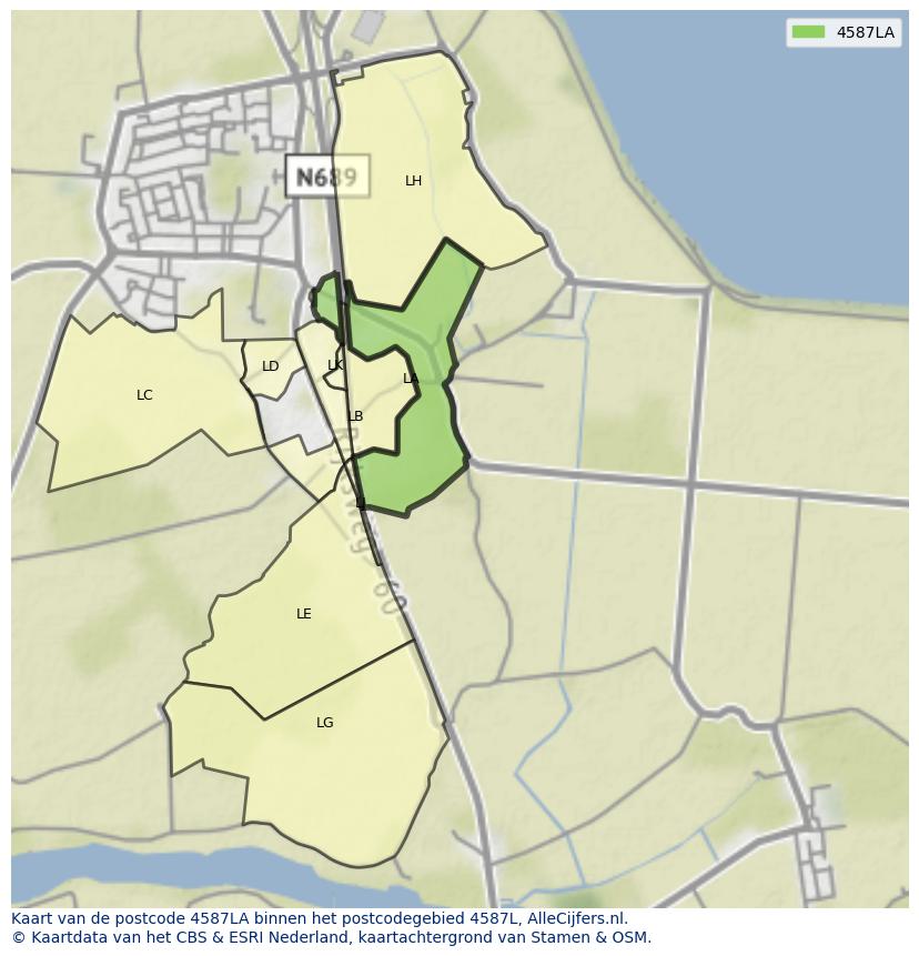 Afbeelding van het postcodegebied 4587 LA op de kaart.