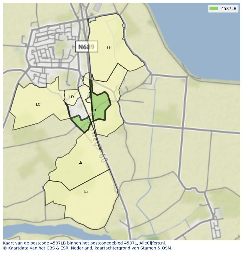Afbeelding van het postcodegebied 4587 LB op de kaart.