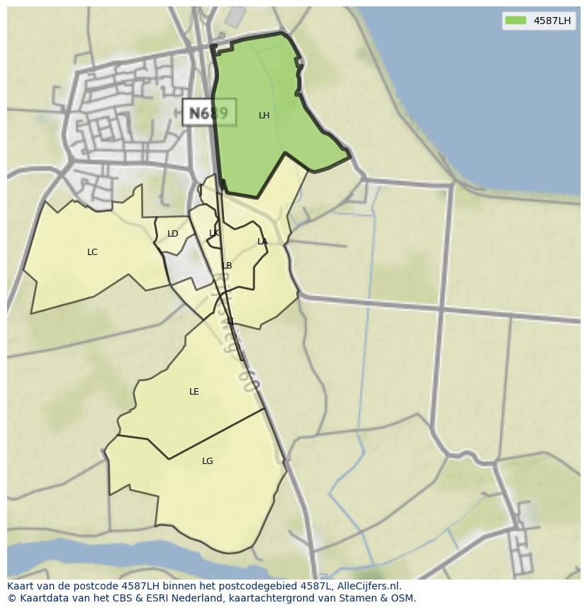Afbeelding van het postcodegebied 4587 LH op de kaart.
