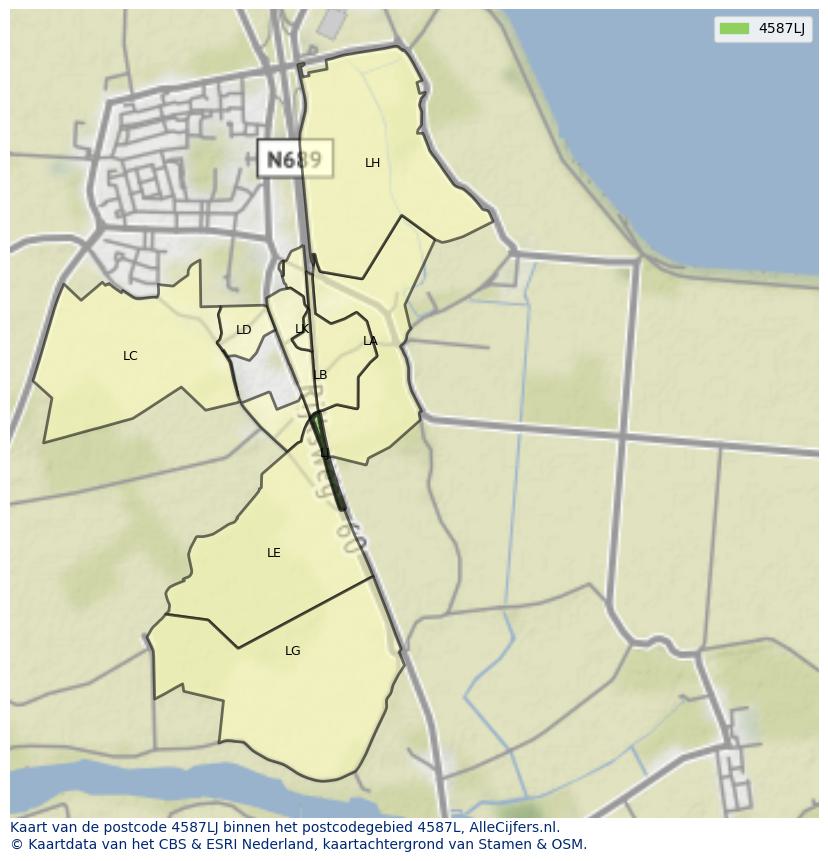 Afbeelding van het postcodegebied 4587 LJ op de kaart.