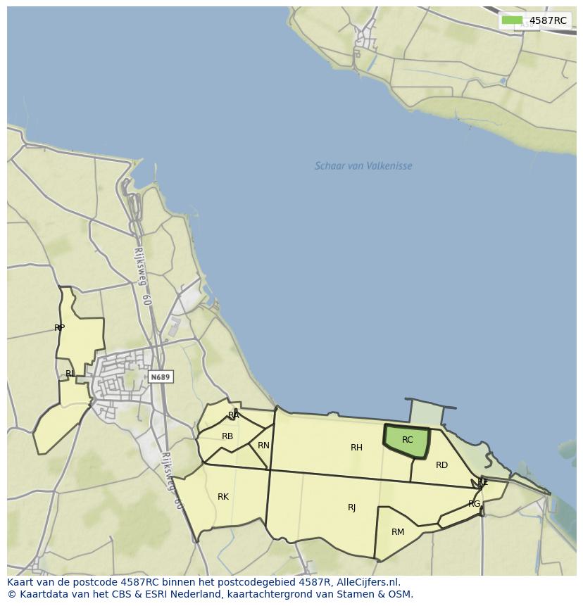 Afbeelding van het postcodegebied 4587 RC op de kaart.