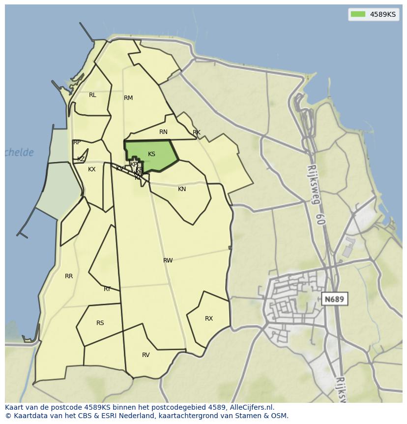Afbeelding van het postcodegebied 4589 KS op de kaart.