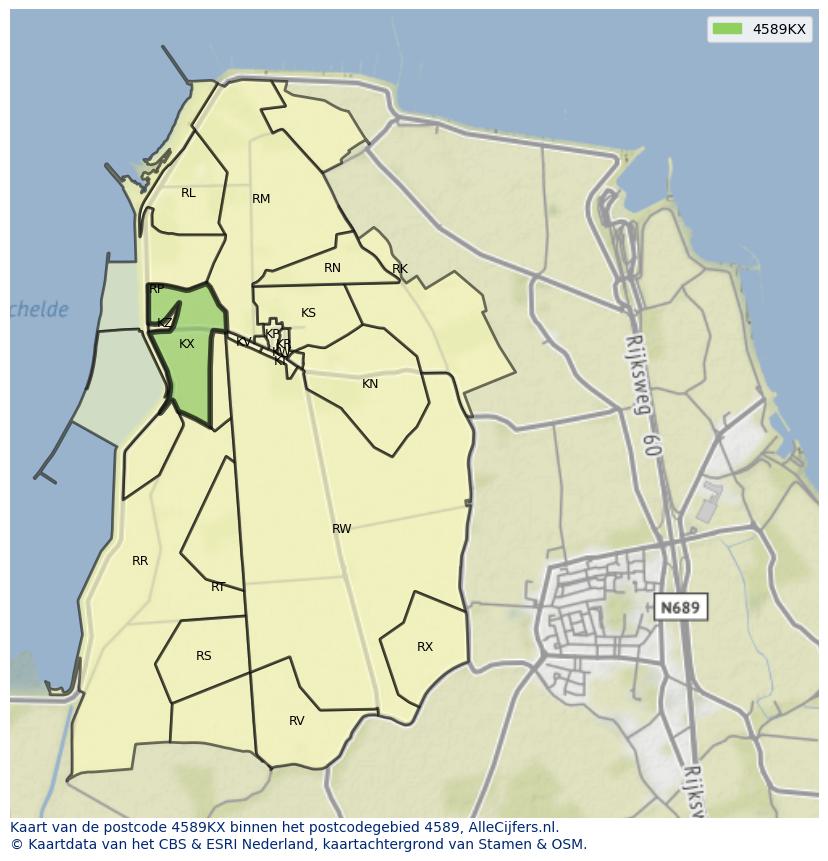Afbeelding van het postcodegebied 4589 KX op de kaart.