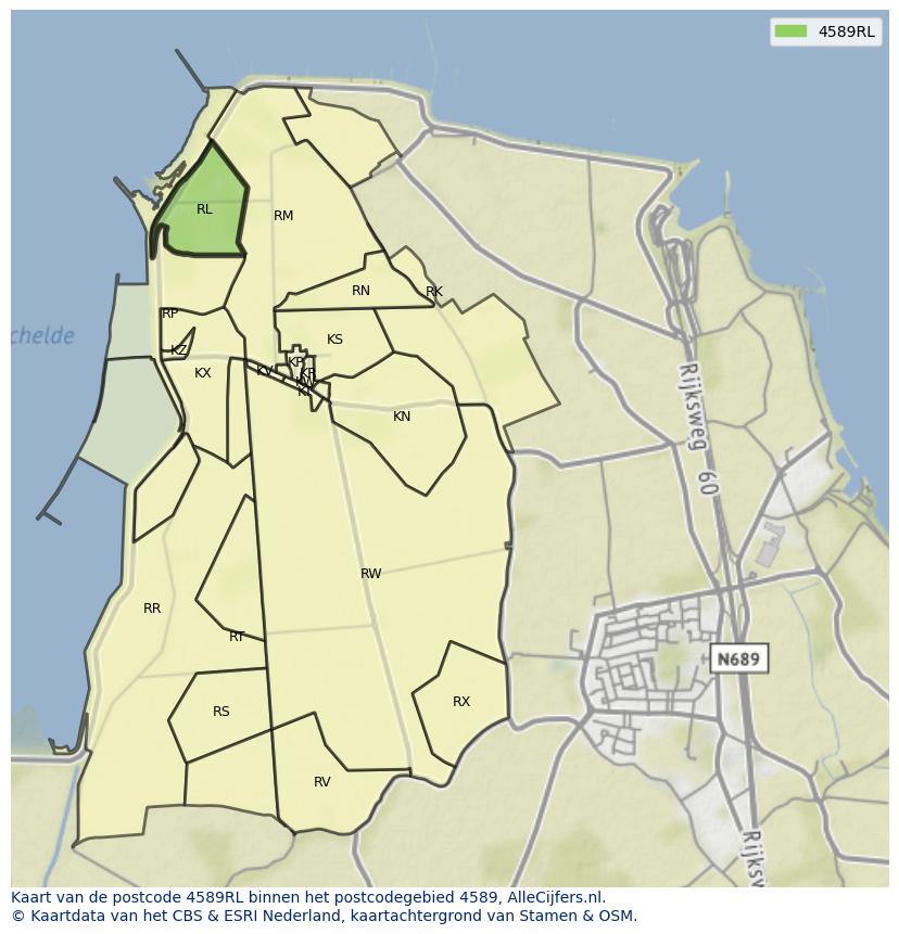 Afbeelding van het postcodegebied 4589 RL op de kaart.