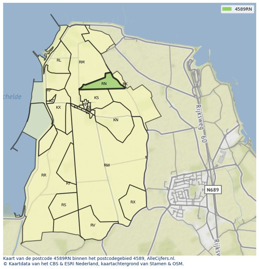 Afbeelding van het postcodegebied 4589 RN op de kaart.
