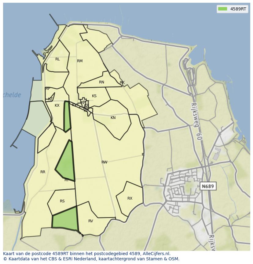 Afbeelding van het postcodegebied 4589 RT op de kaart.