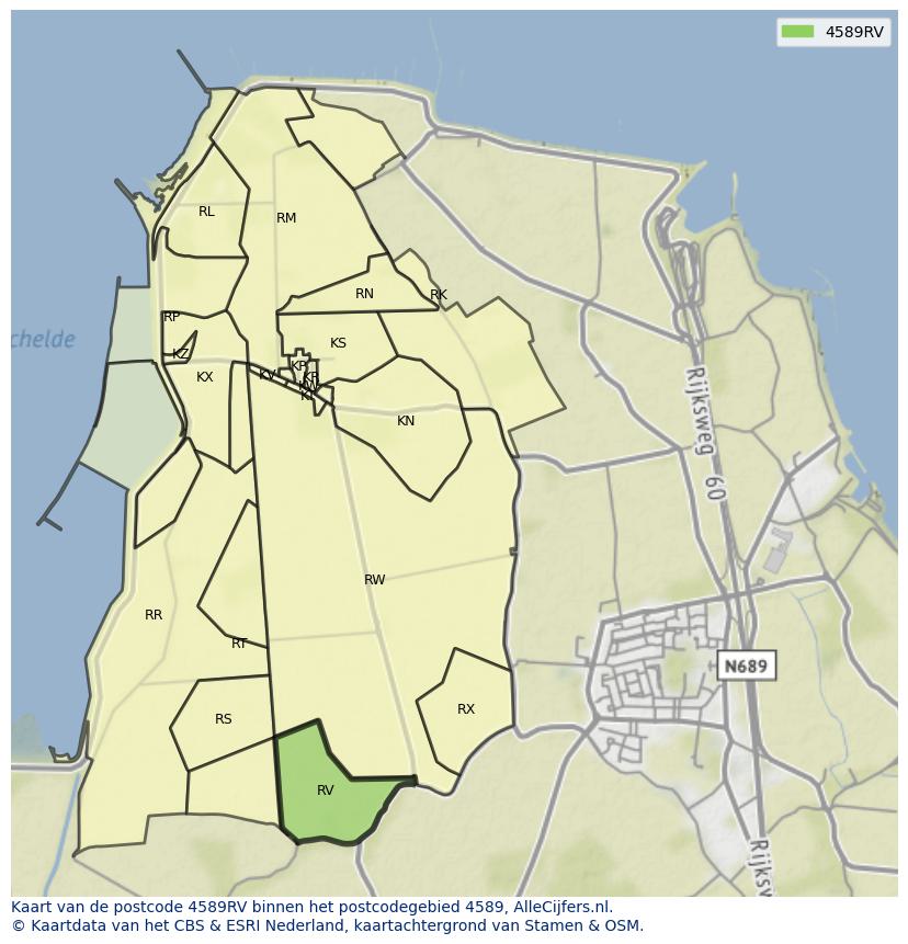 Afbeelding van het postcodegebied 4589 RV op de kaart.